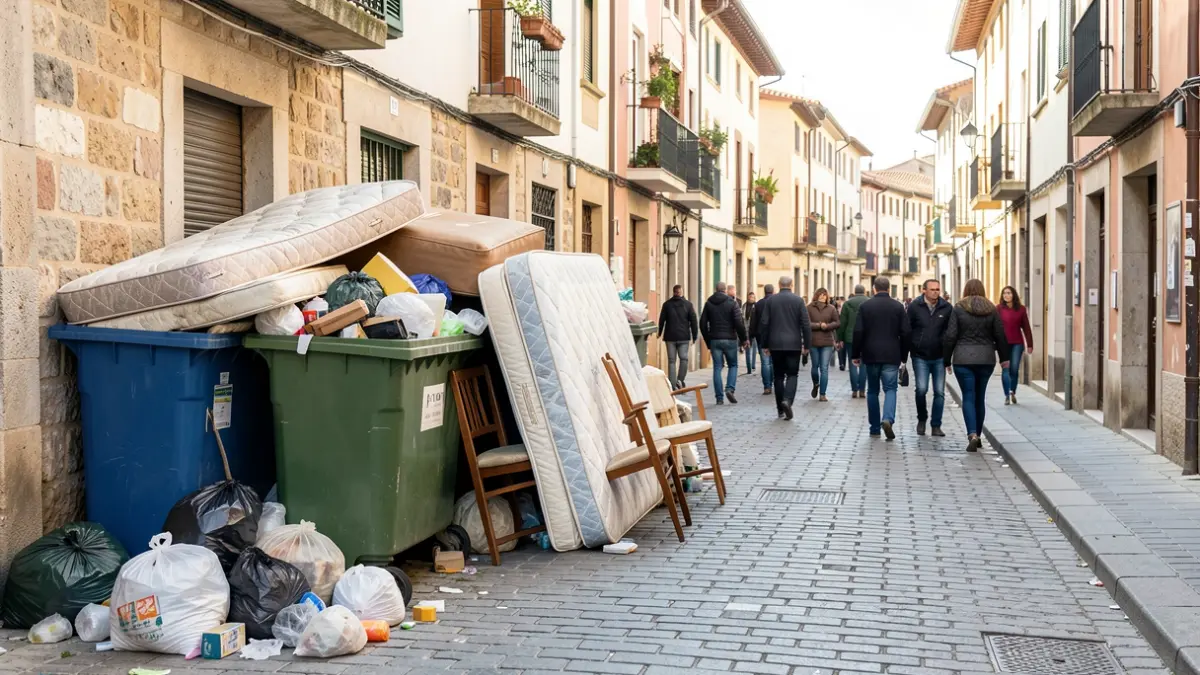 Contenedores llenos de muebles y colchones en la calle.
