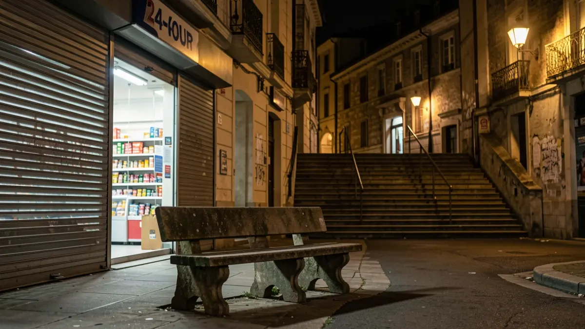 Street bench in front of a 24-hour store at night with nearby stairs.