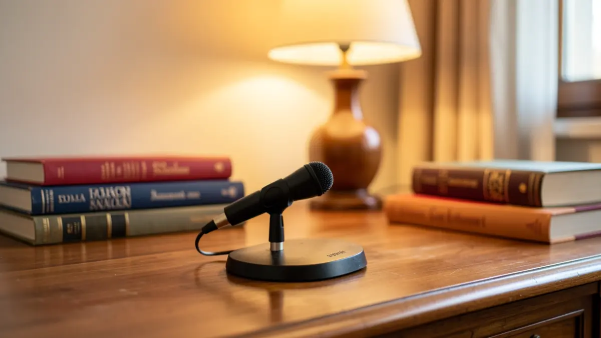 Micrófono de radio con libros en catalán y luz cálida.