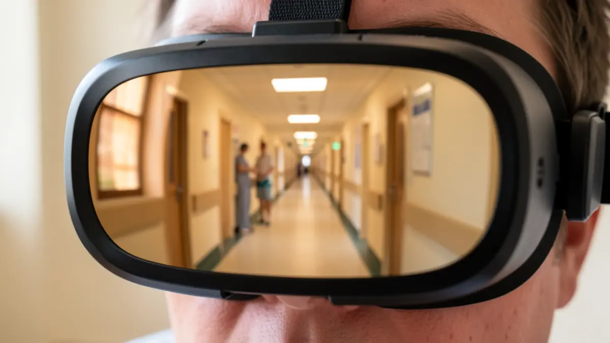 Detalle de una lente de visión de realidad virtual reflejando un pasillo de hospital, simbolizando la formación inmersiva en atención sanitaria.