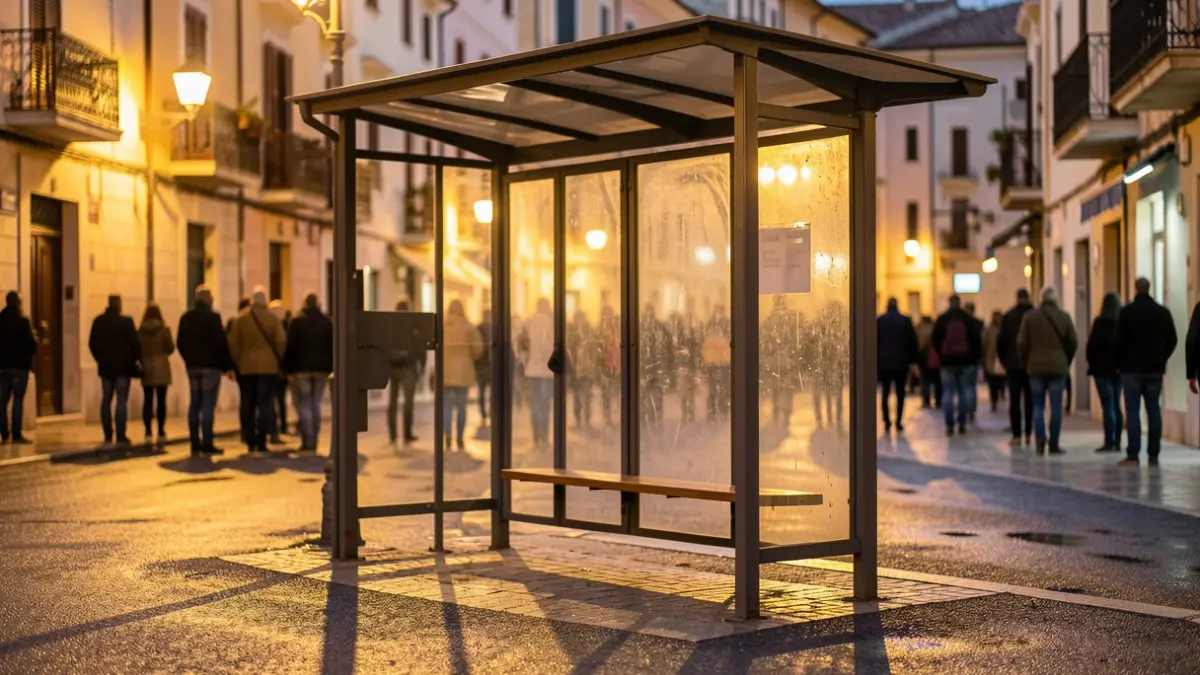 Generic image of a bus stop at dusk.