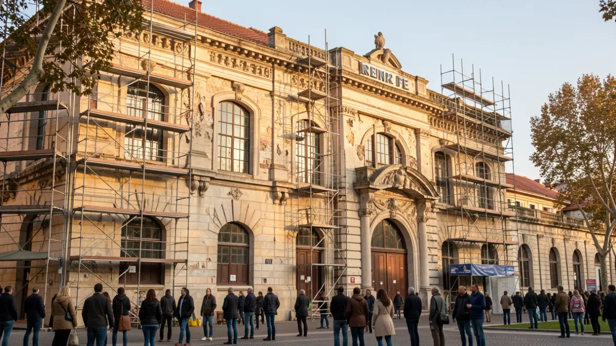 Historic facades of the former Renfe Workshops in El Clot park during restoration.