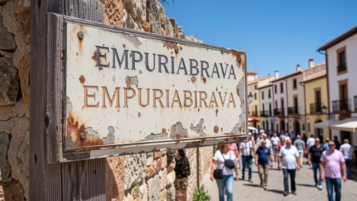 Senyalització patrimonial d'Empuriabrava amb signes de desgast.