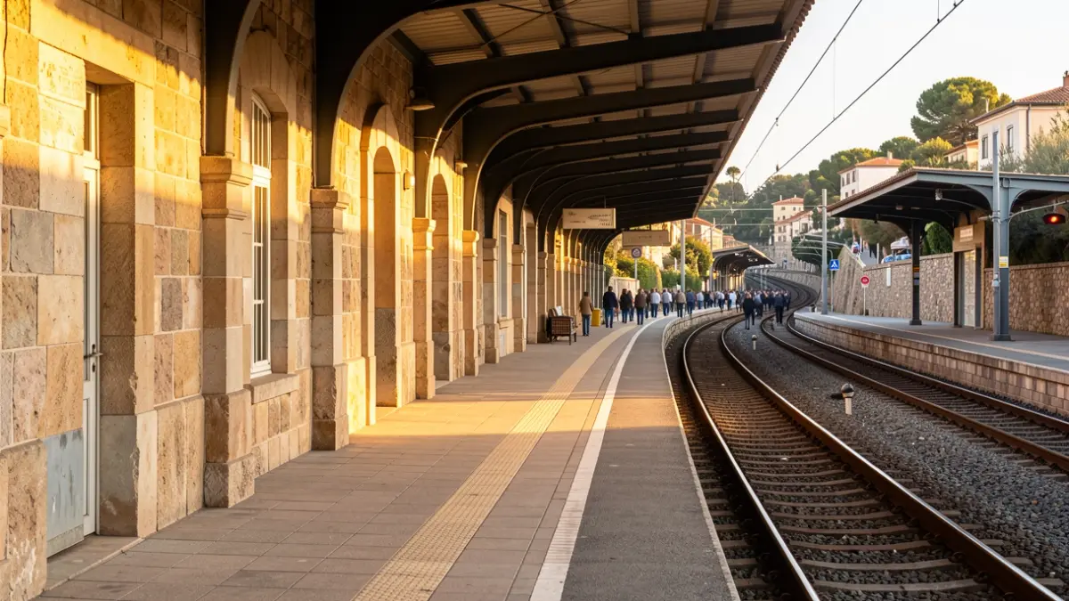 Estació de tren de Capellades amb arquitectura de pedra i llum càlida.