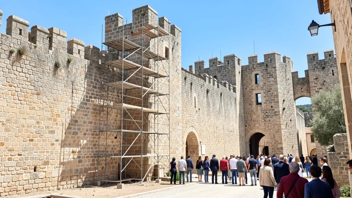 Walls of the Móra d'Ebre castle undergoing restoration.