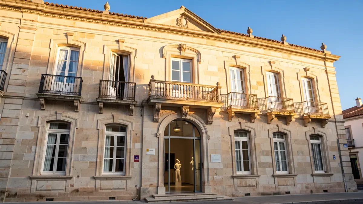 Facade of the Reus City Hall with an art installation in the lobby.