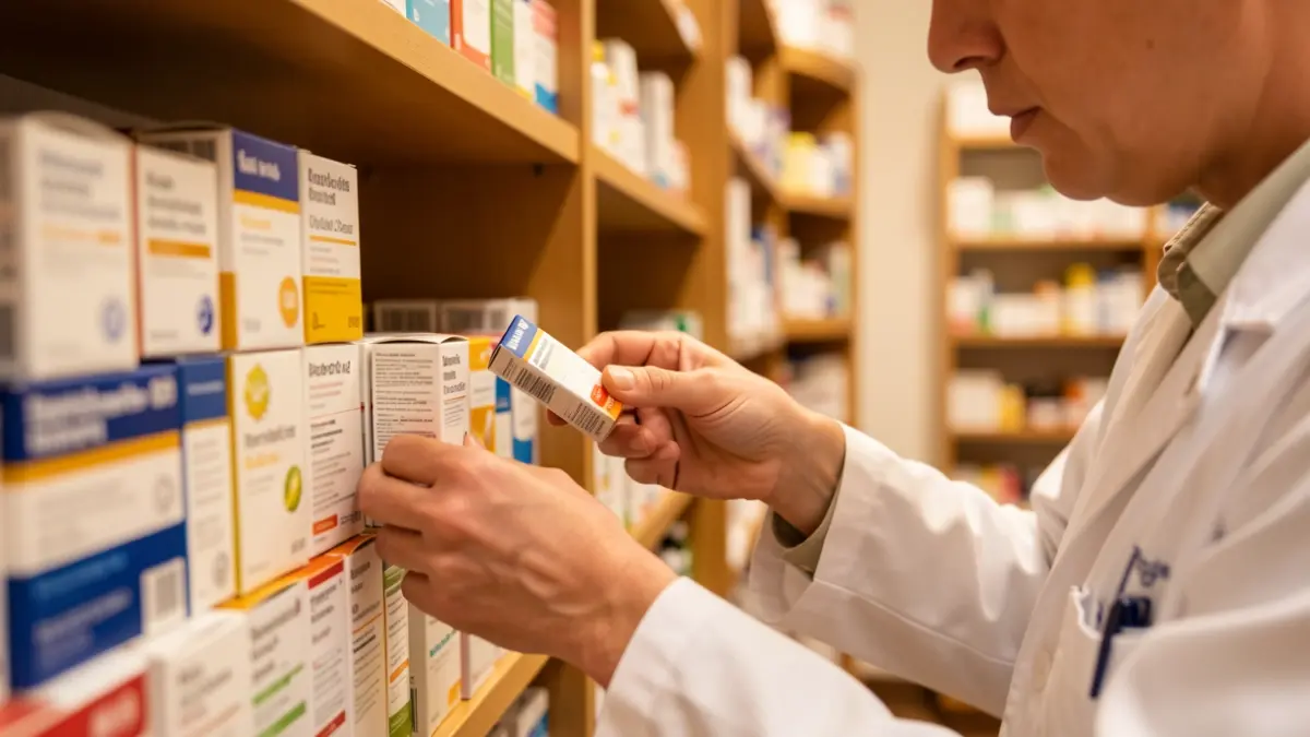 Farmacèutic organitzant medicaments en una farmàcia hospitalària.