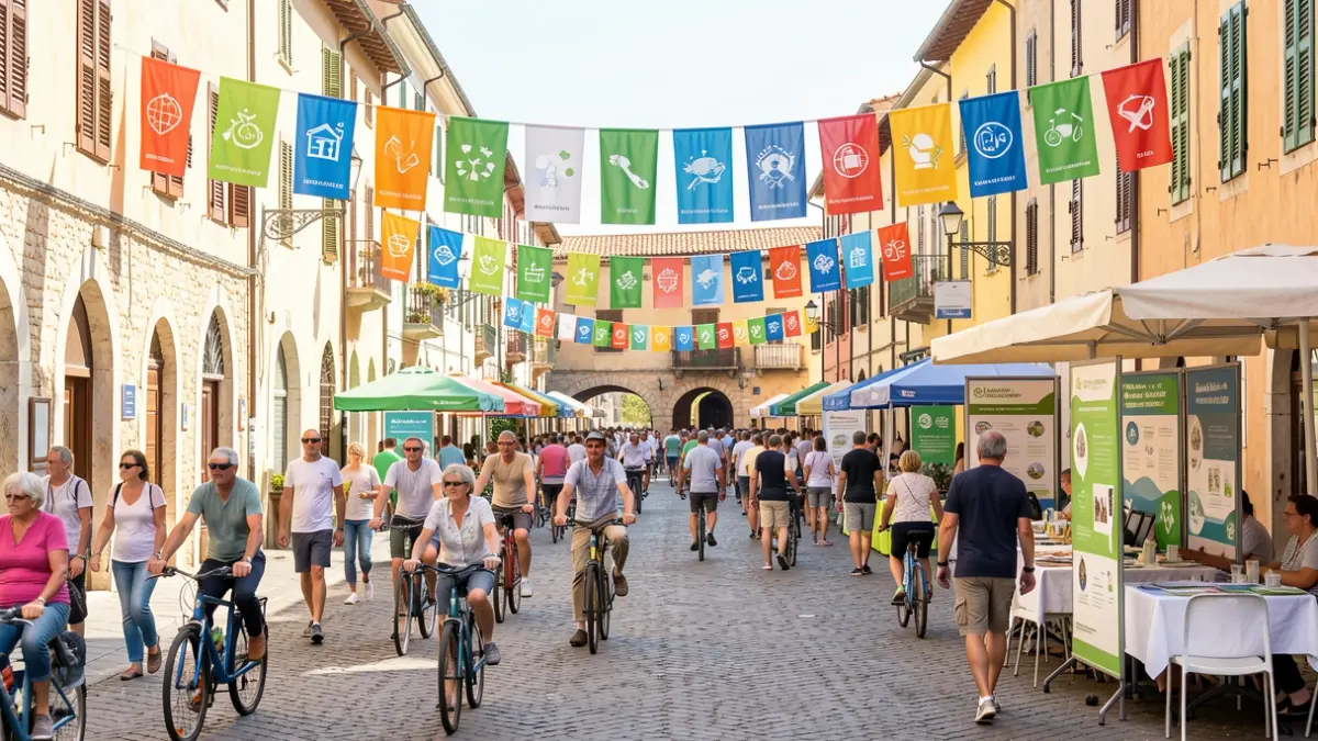 Imatge genèrica d'un esdeveniment de mobilitat sostenible a una plaça de poble mediterrani.