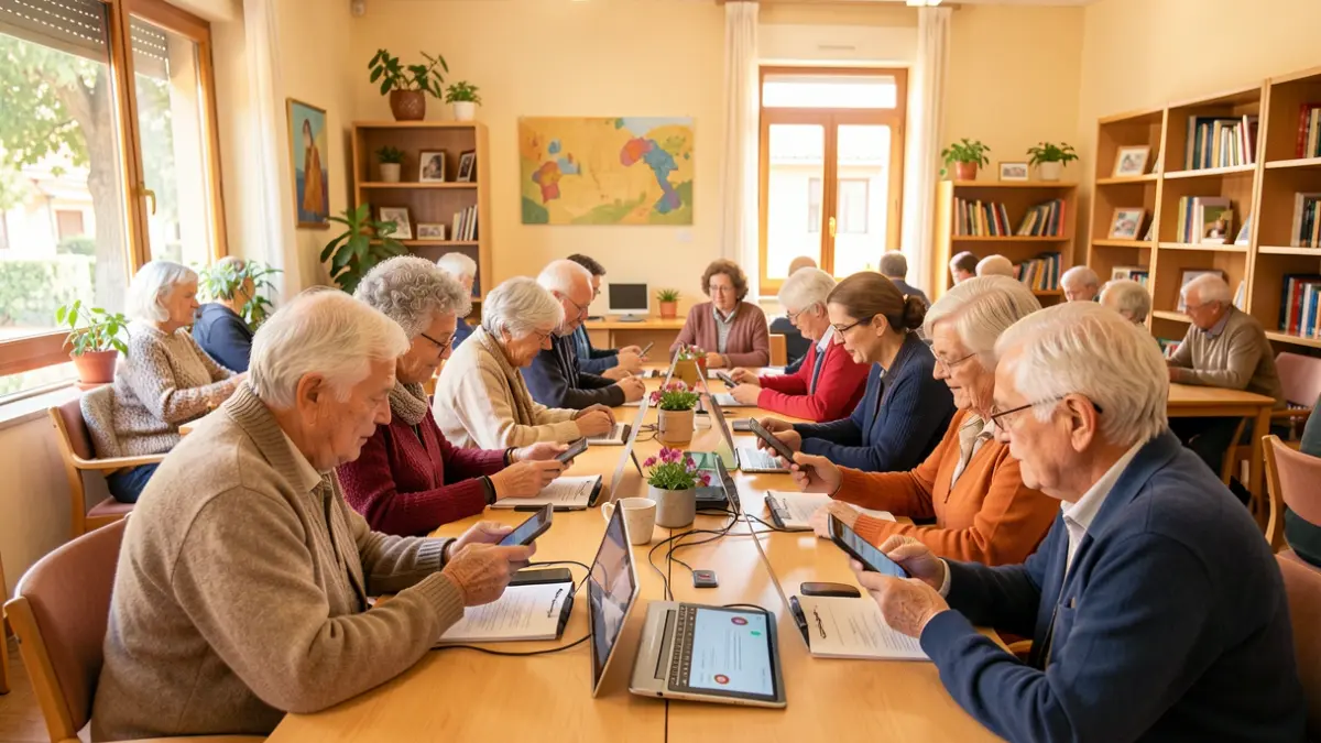 Elderly people learning to use mobile phones in a workshop.