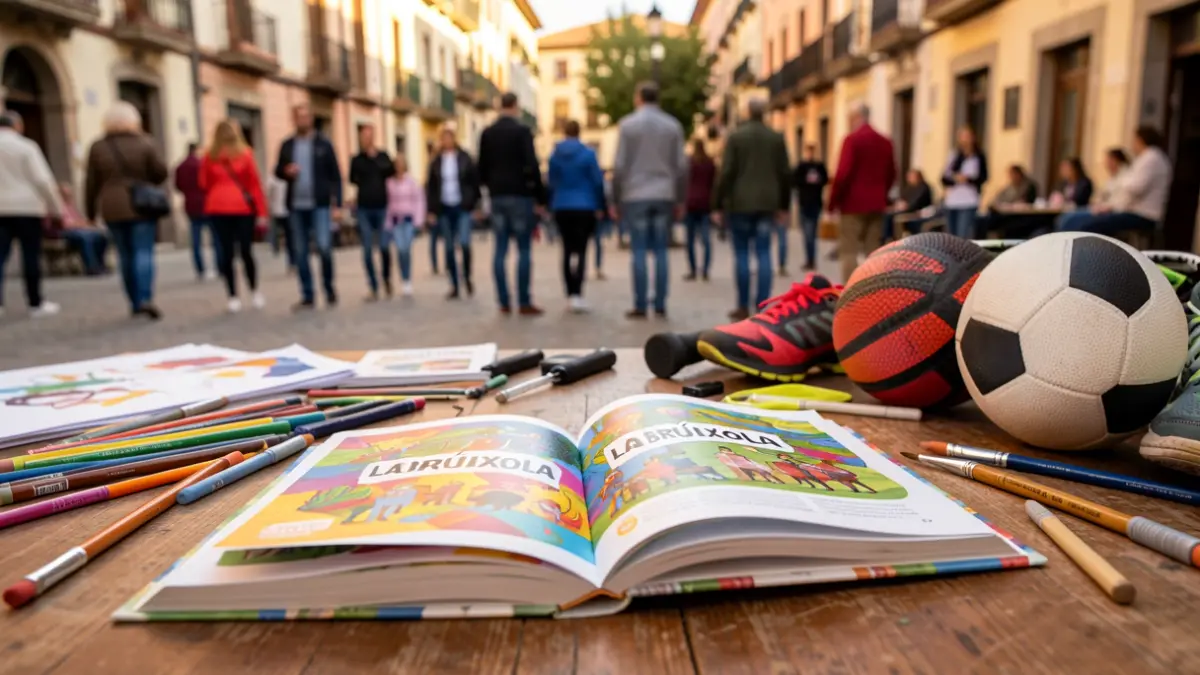 Guia 'La Brúixola' oberta sobre una taula amb material educatiu i esportiu.