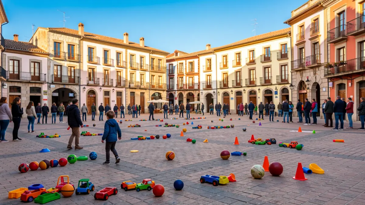 Imatge genèrica d'una plaça de poble català amb activitats infantils.