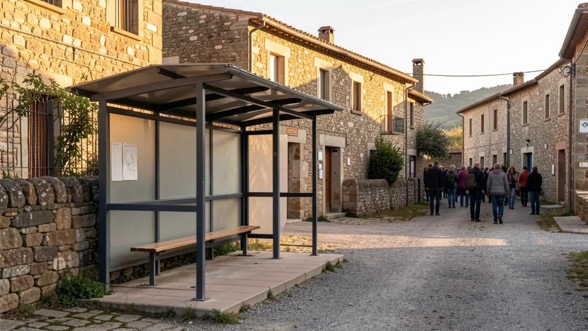 Parada d'autobús escolar buida en un poble rural català.