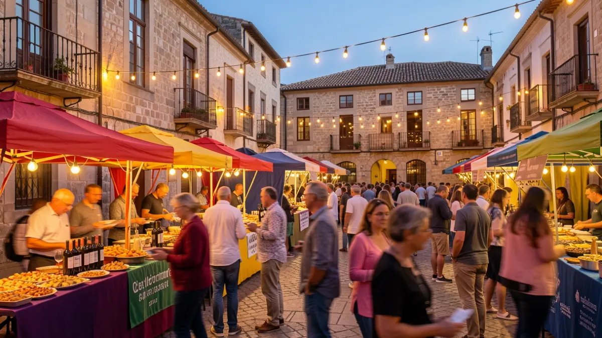 Festive atmosphere of an outdoor gastronomic fair with tapas and wine stalls.