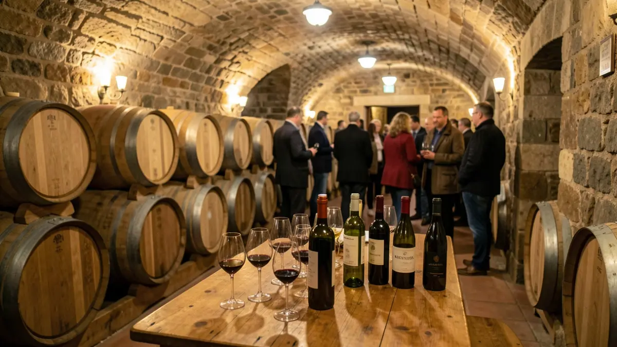Imatge genèrica d'un celler català amb bótes de vi i copes.