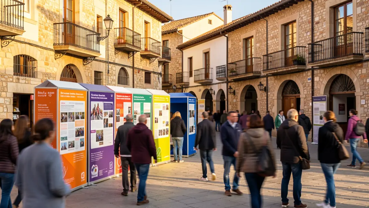 Generic image of a Catalan town square with information booths and people.