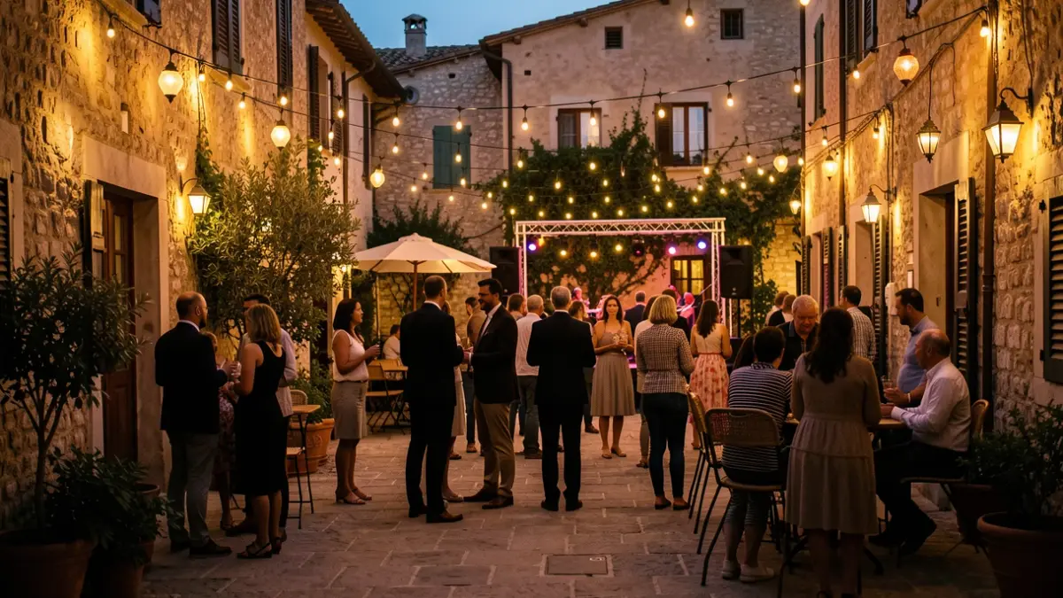 Generic image of a Mediterranean outdoor courtyard at dusk with a festive atmosphere.