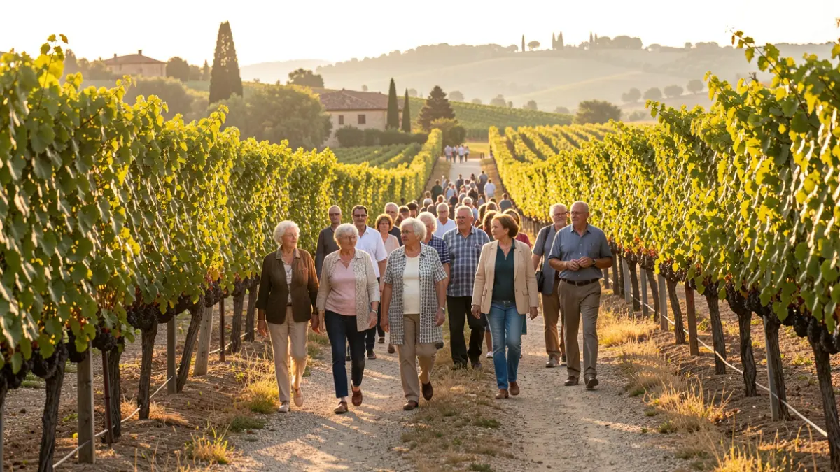 Imatge genèrica d'un grup de persones caminant per un camí de vinyes a Catalunya.