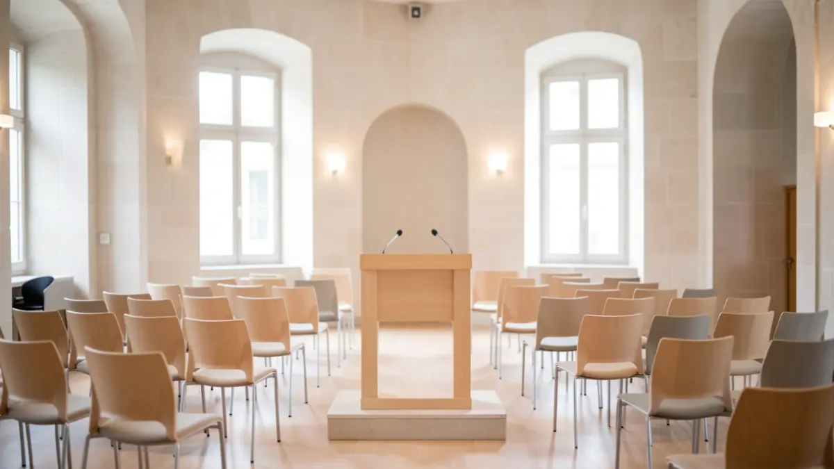 Sala de actos de un ayuntamiento catalán con un atril y sillas vacías.