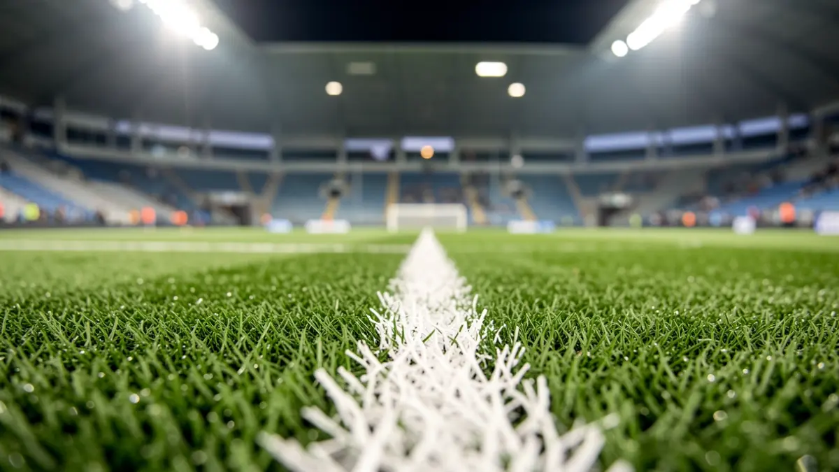 Imatge genèrica d'un camp de futbol amb gespa artificial i llums d'estadi.
