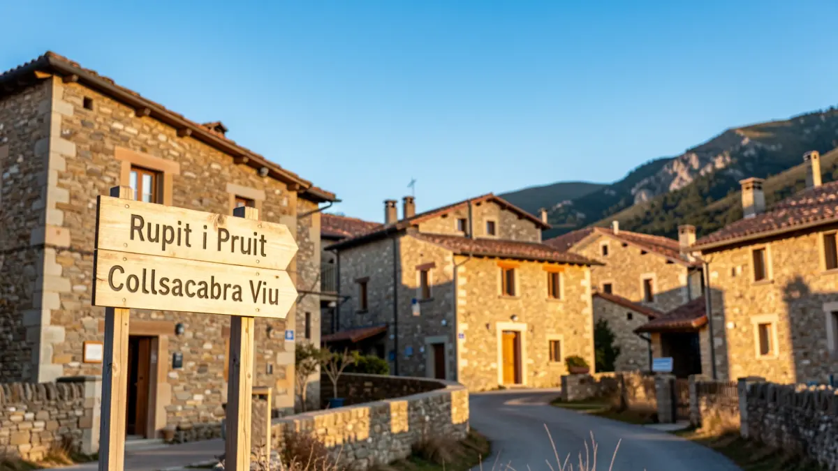 Pueblo de Rupit i Pruit con el cartel del evento Collsacabra Viu.