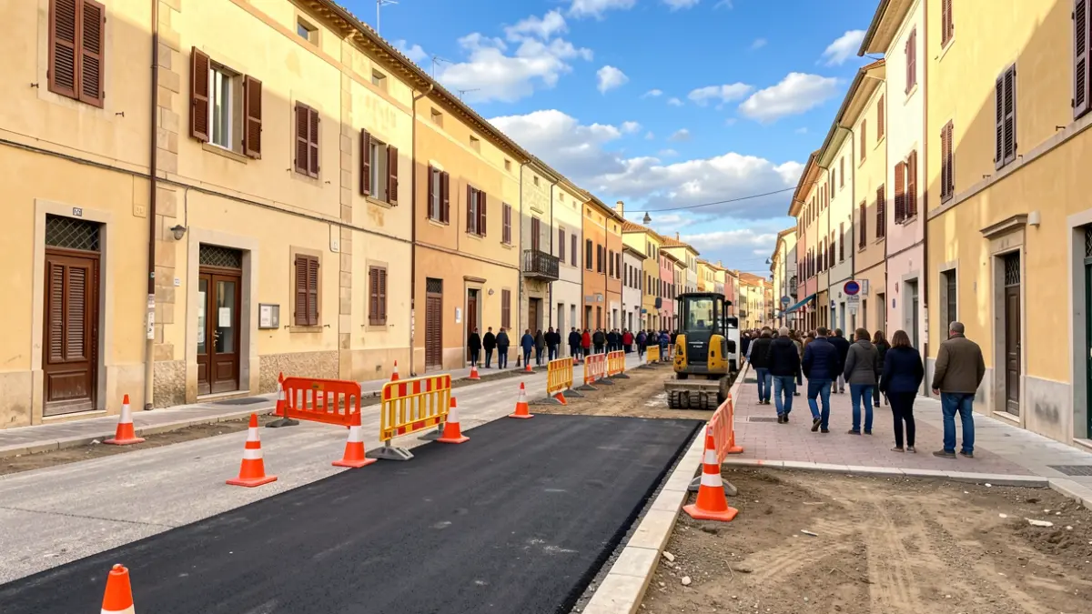 Street improvement works on Barenys street in Salou with new pavement and temporary signage.
