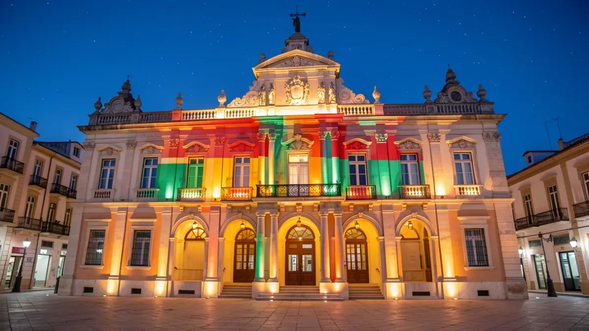 Imatge genèrica de la façana de l'Ajuntament de Salou il·luminada amb els colors de la bandera de Ceuta.
