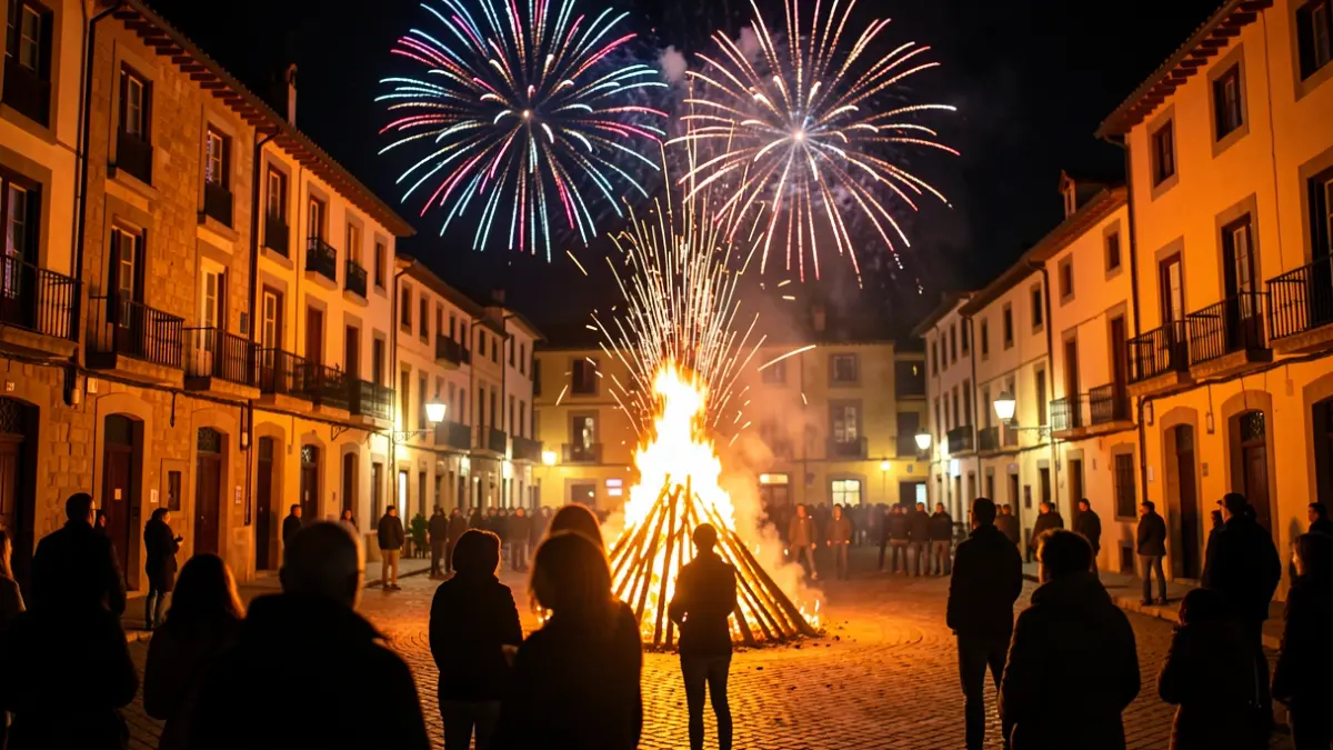 Night of fire and celebration at the 8th Fira del Foc in Sanaüja with a fire run and fireworks display.