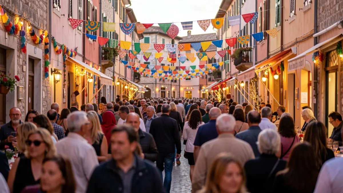 Imagen genérica de una fiesta popular con decoraciones y gente en la calle.
