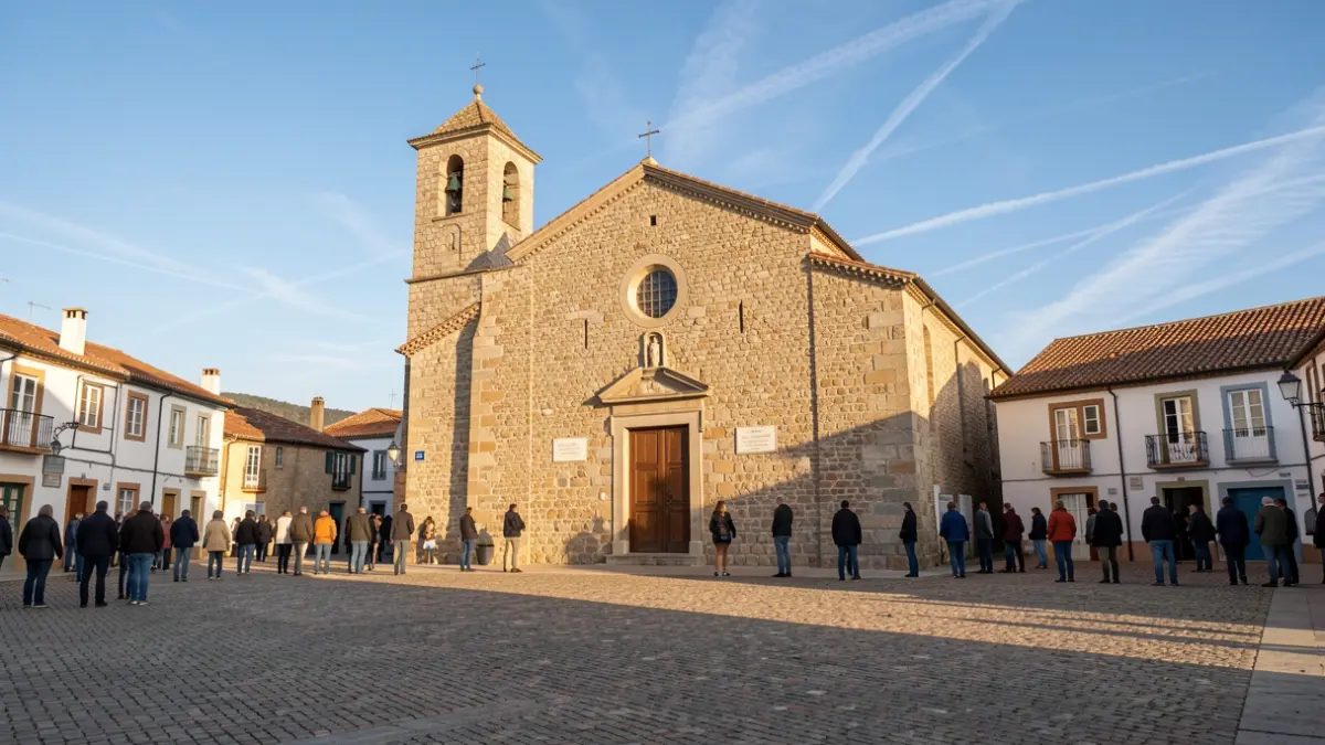 Church of Sant Cebrià de Lledó with a cobblestone plaza and summer light.