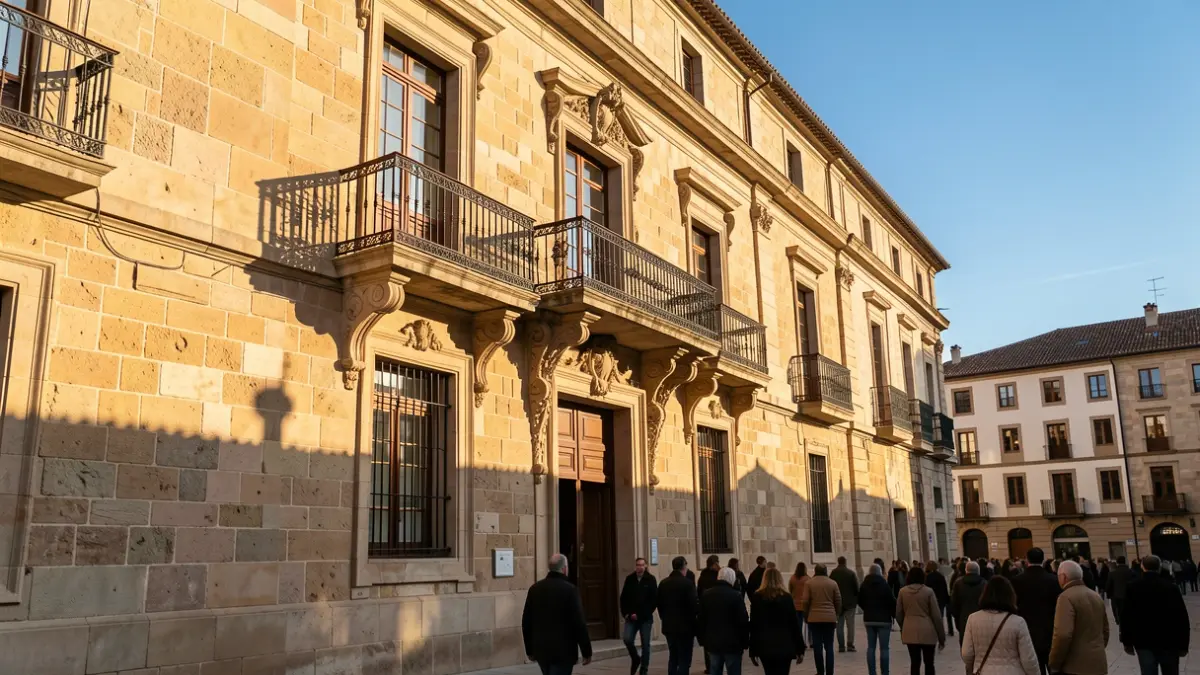 Fachada de un ayuntamiento de piedra catalán con balcón y cielo azul.
