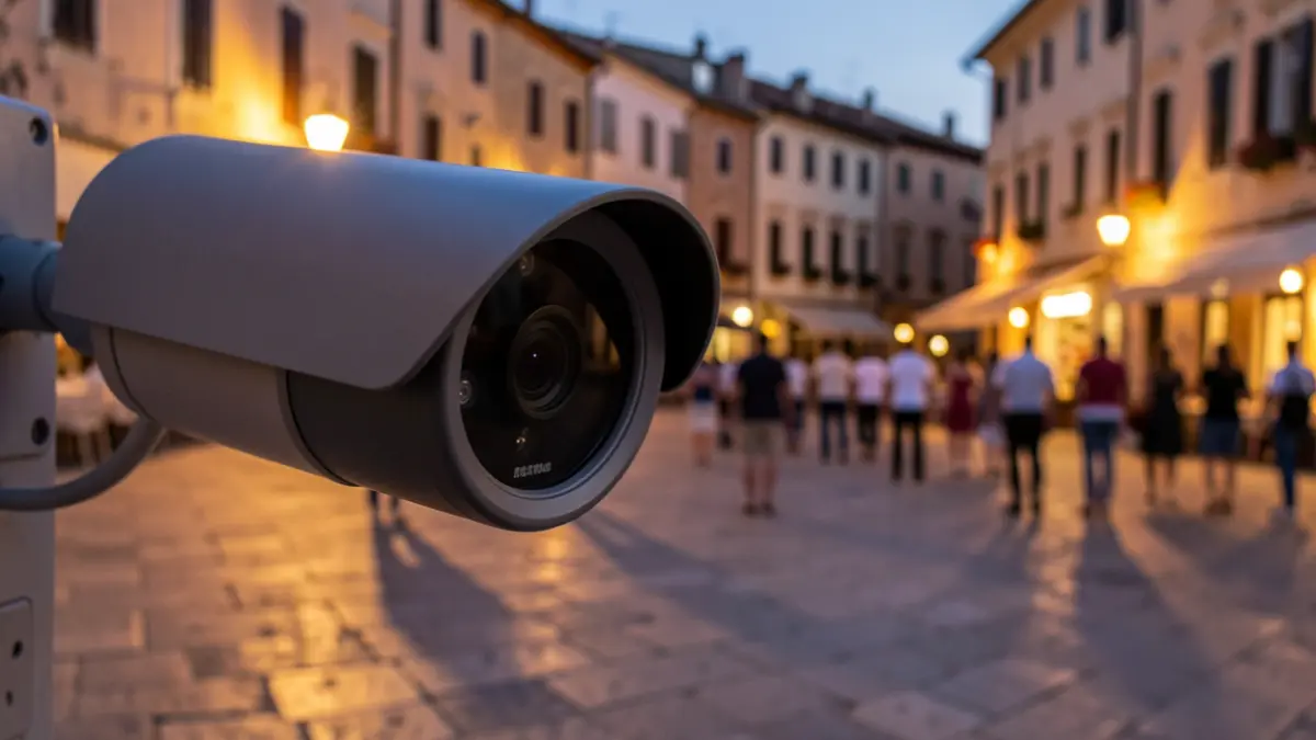 Surveillance camera in an urban environment at dusk.