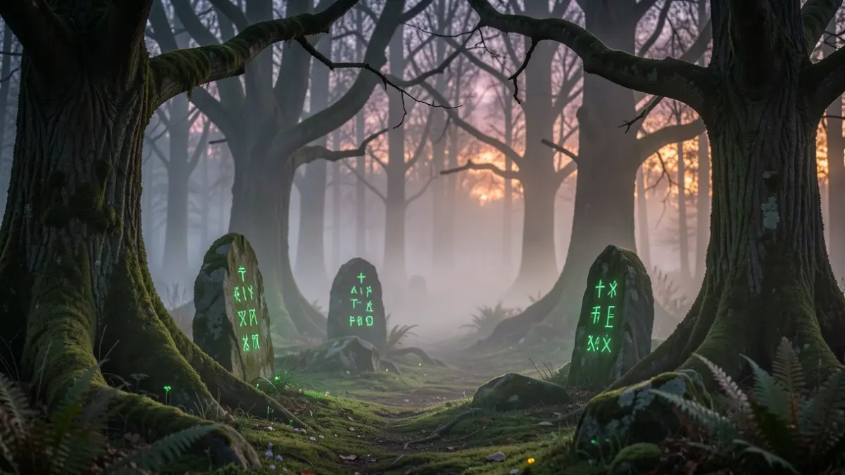 Escena màgica i misteriosa d'un bosc amb runes i boira.