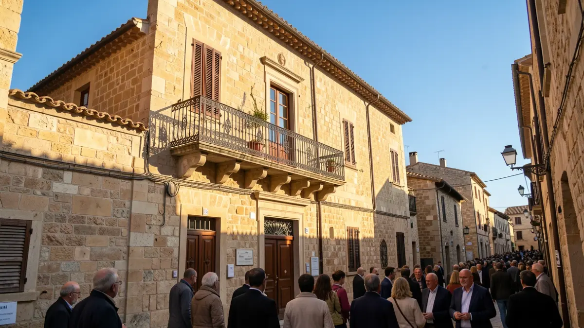 Generic image of a stone town hall facade with a balcony.