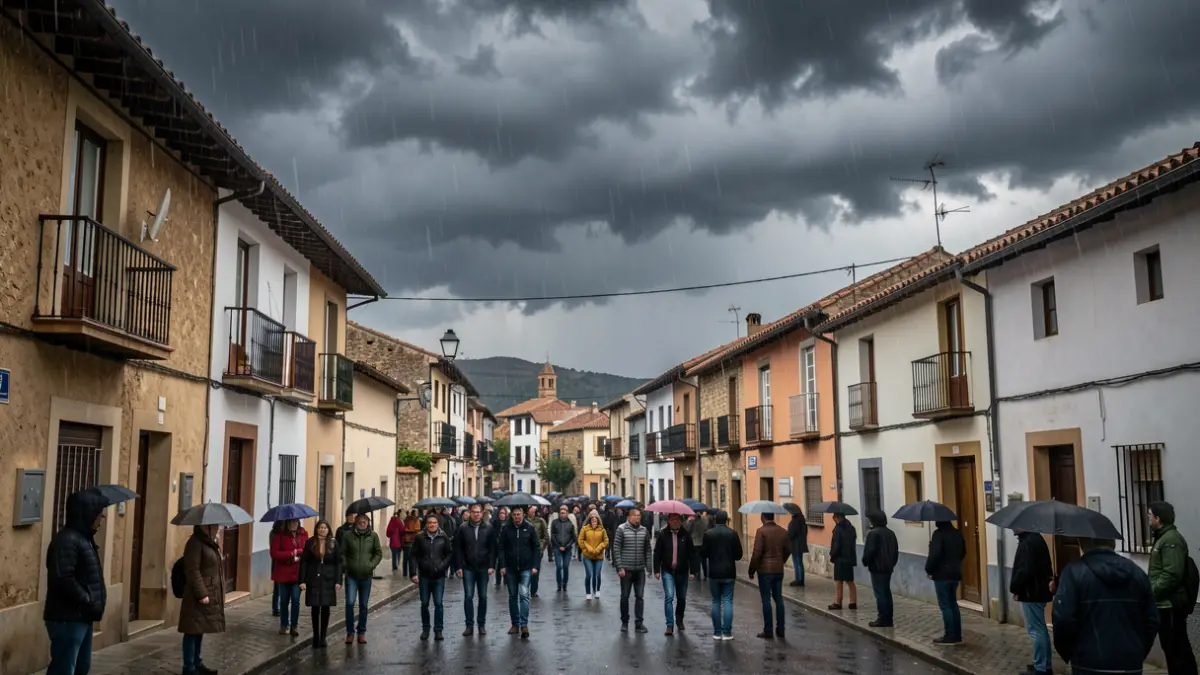 Cielo nublado con nubes de tormenta sobre un pueblo de Catalunya con las primeras gotas de lluvia.