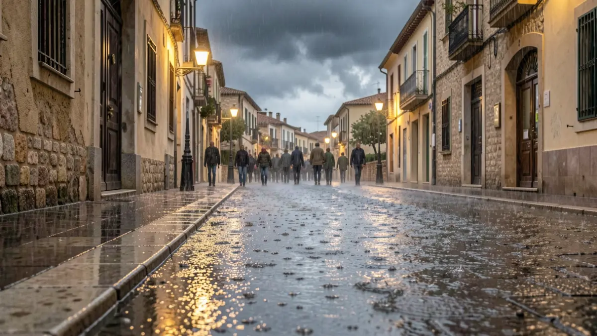 Generic image of heavy rain on a street in a Mediterranean town.