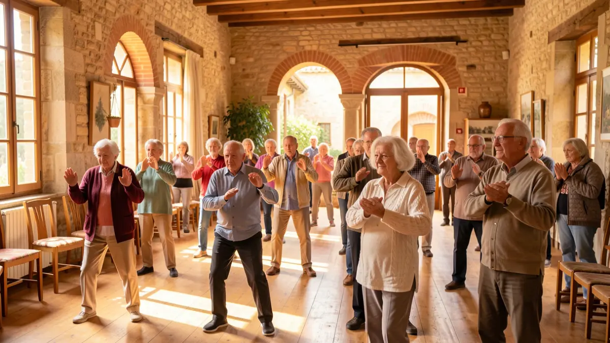 Elderly people participating in a tai chi session in a community center in Catalonia.