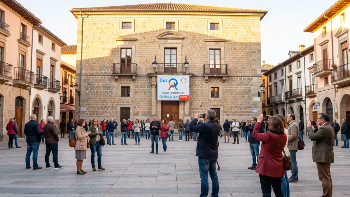 Generic image of a Catalan town square with a citizen activity for peace.