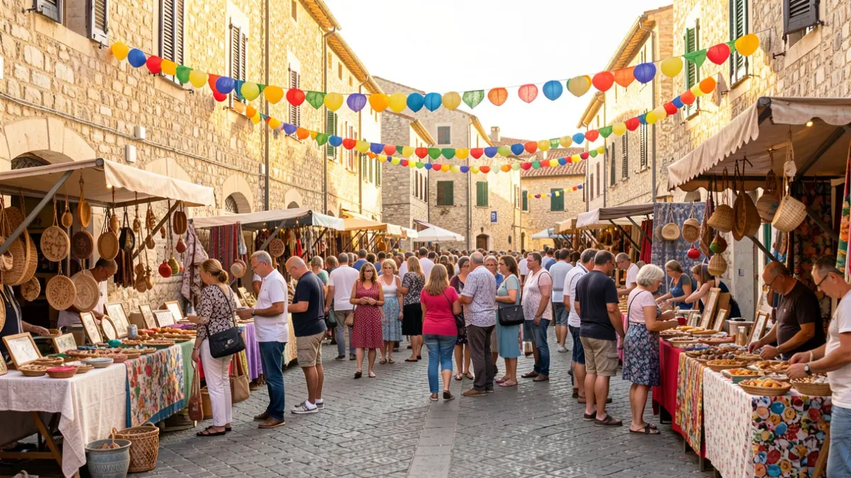 Festive street atmosphere during the Commerce Weekend in Sant Quirze de Besora, with stalls and families enjoying the activity.