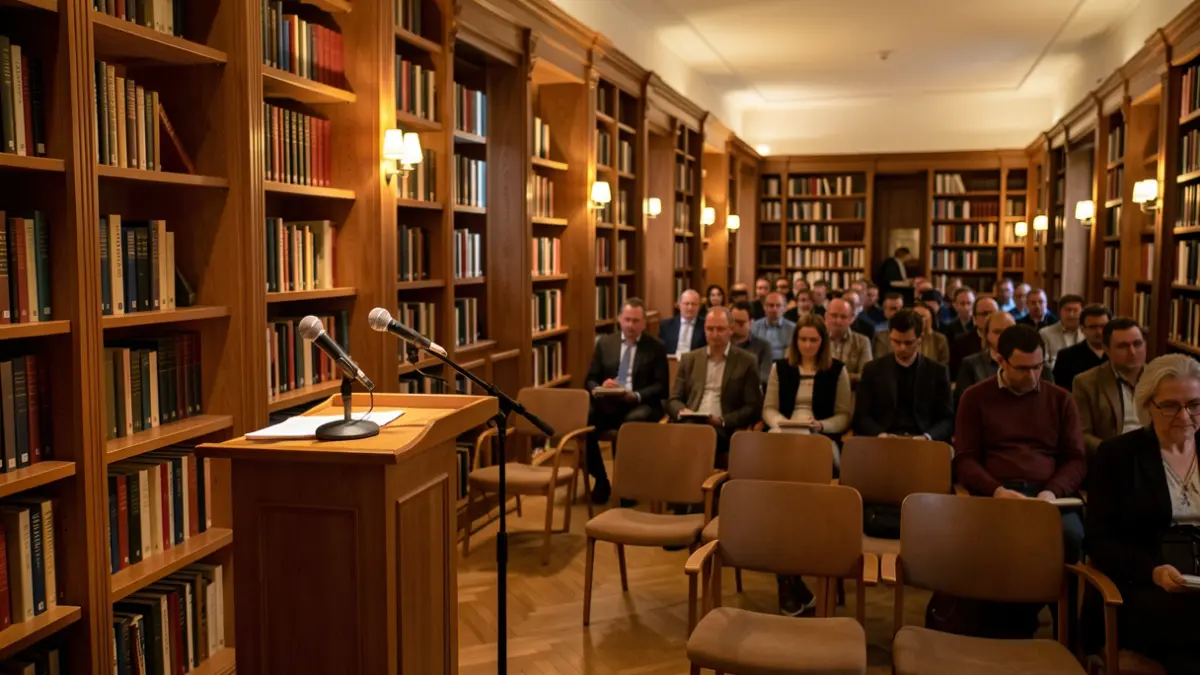 Imatge genèrica d'una sala d'actes preparada per a una presentació cultural.