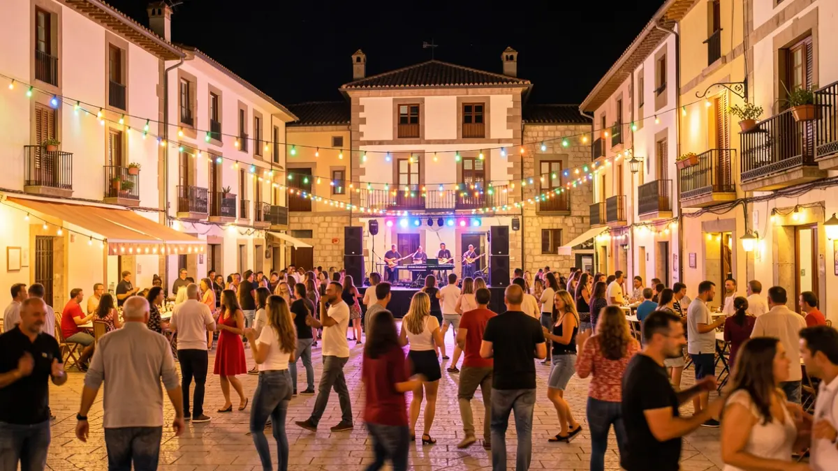 Imagen genérica de una noche de fiesta mayor en un pueblo catalán con luces y gente bailando.