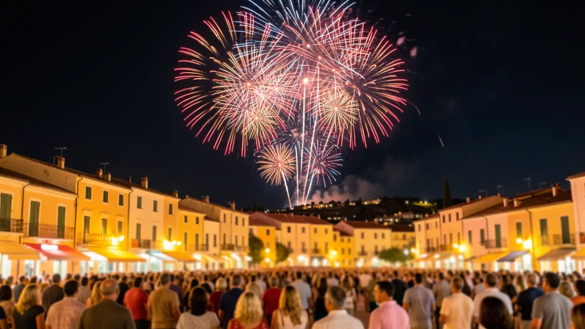 Imatge genèrica de focs artificials il·luminant el cel nocturn sobre un poble mediterrani.