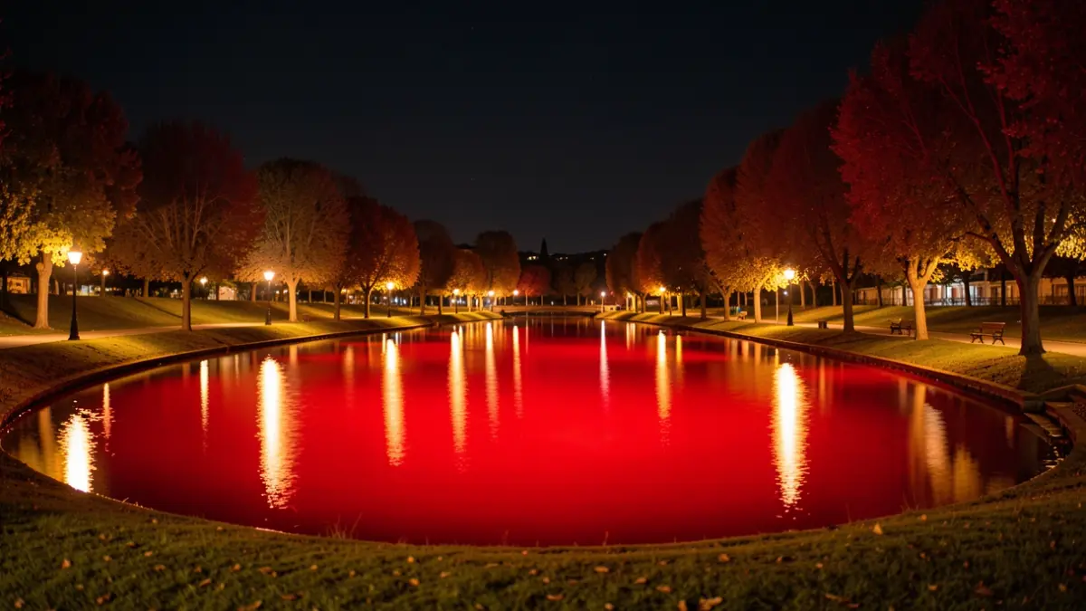 The lake in Betzuca park in Sant Quirze del Vallès illuminated in red for World Heart Day.