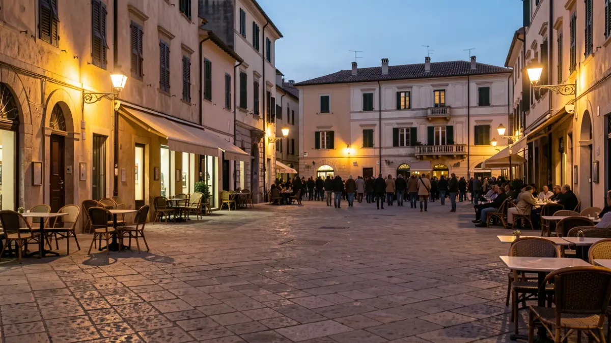 Imagen genérica de una plaza de pueblo mediterráneo al atardecer.