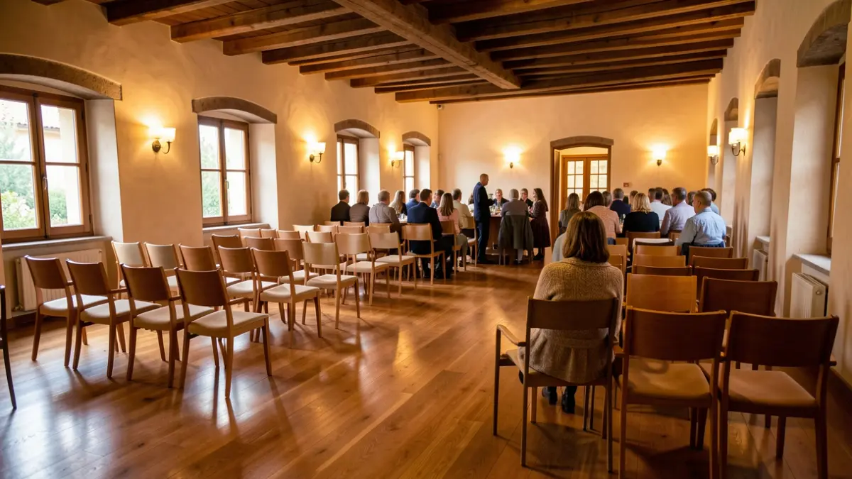 Imatge genèrica d'una sala d'actes preparada per a un esdeveniment cultural.