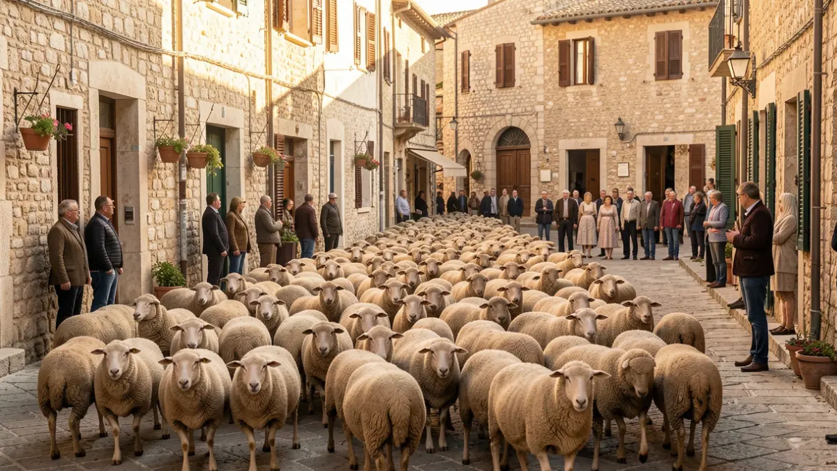Transhumance flock passing through the square of Santa Margarida i els Monjos.