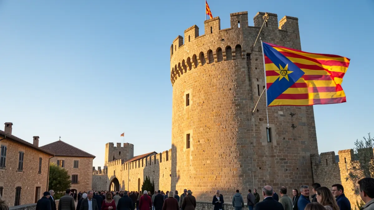 Torre del Castell de Santa Maria de Miralles amb una estelada onejant.