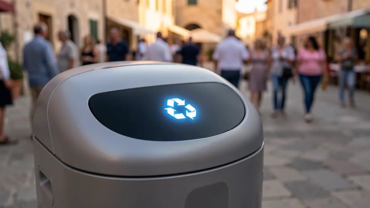 Contenidor intel·ligent amb símbol de reciclatge i llum indicadora.