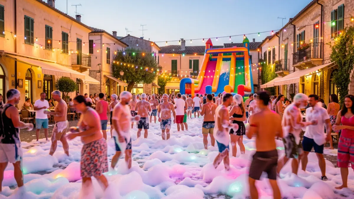 Imagen genérica de una fiesta de la espuma con un tobogán gigante y gente disfrutando.