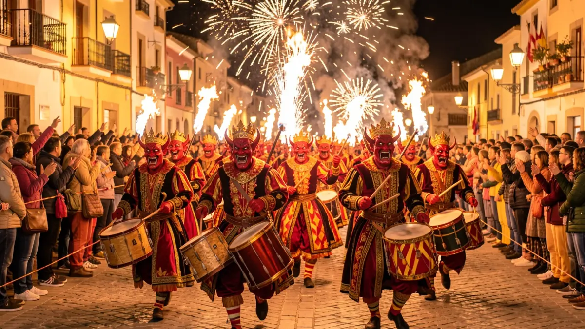 Festive Correfoc with devils and drummers illuminating the Catalan night.