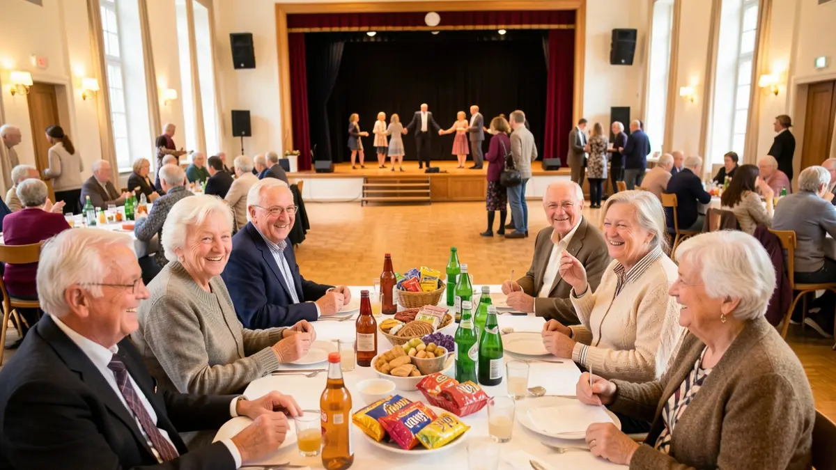 Elderly people participating in a snack and dance event during Senior Citizens' Week.